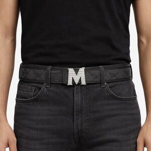 MCM Reversible Lauretos Monogram Jacquard Belt with Fluted M Buckle